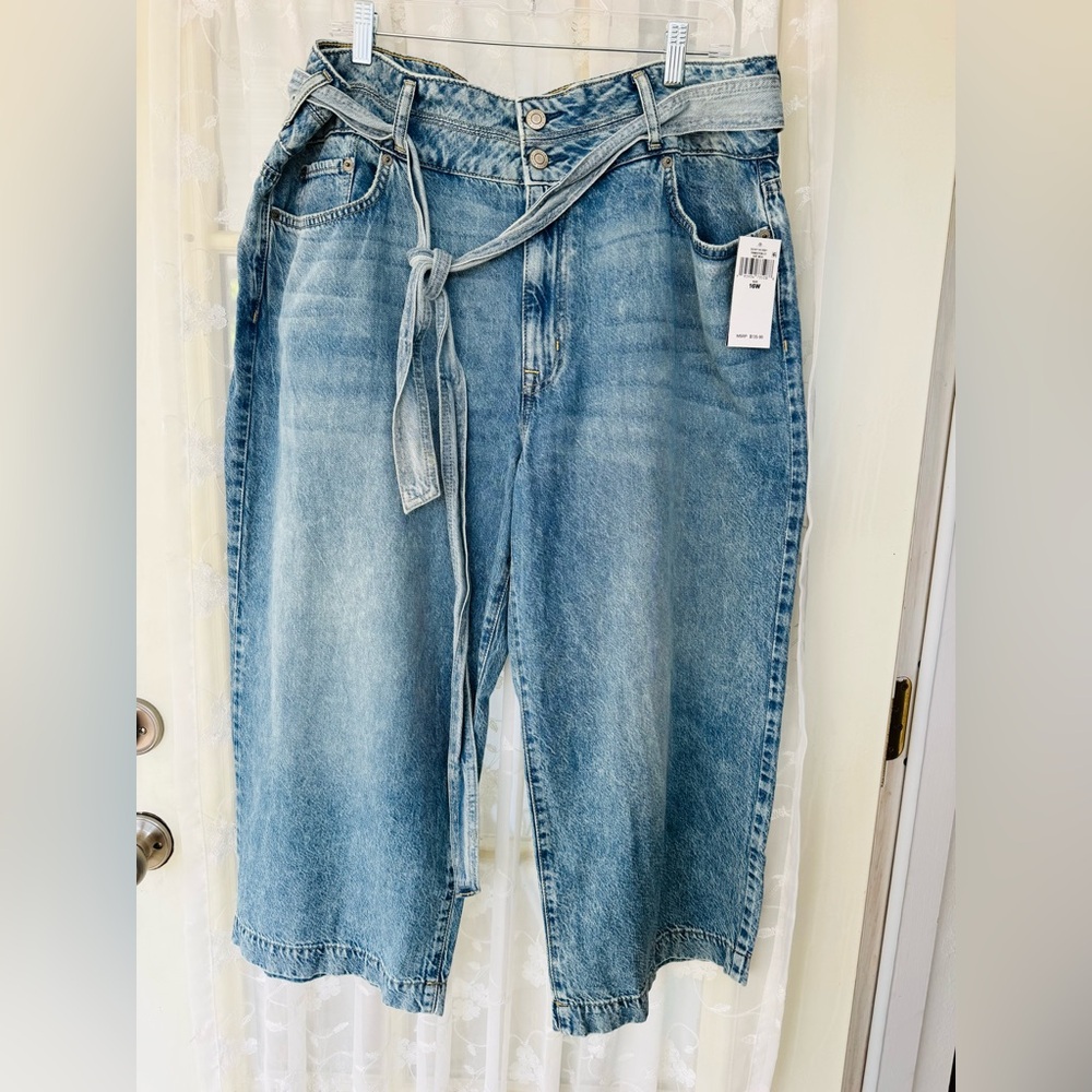 💕 NWT Ralph Lauren Cropped Wide Leg Jeans Women's 14 River Wash Button Tie Belt